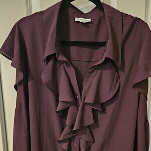NWOT Solid Ruffled Flutter-Sleeve Blouse Maroon/Aubergine 3X